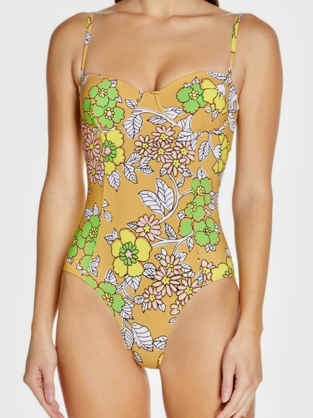 Tory Burch Mustard Floral One-Piece underwired with Green and yellow Blooms
